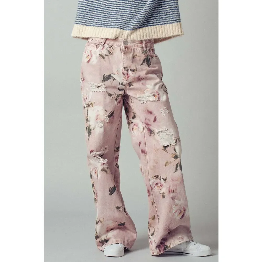 Urban Daizy Romantic Rose Print High-Rise Denim Pants - Picture 2 of 10